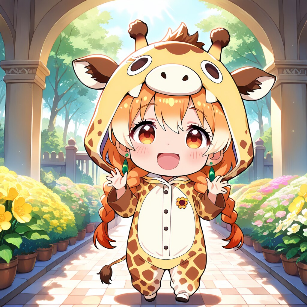 お城の庭をお散歩するキリン着ぐるみちび子ちゃん