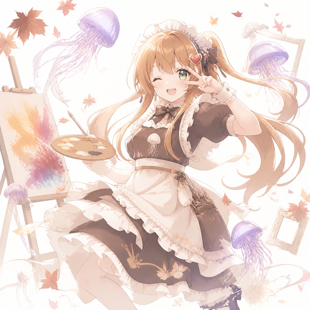 クラゲを描くメイドアイドルのはっぴーピースフォトジェネニックの秋（１）３時のアイドル　GPTimages2.0
