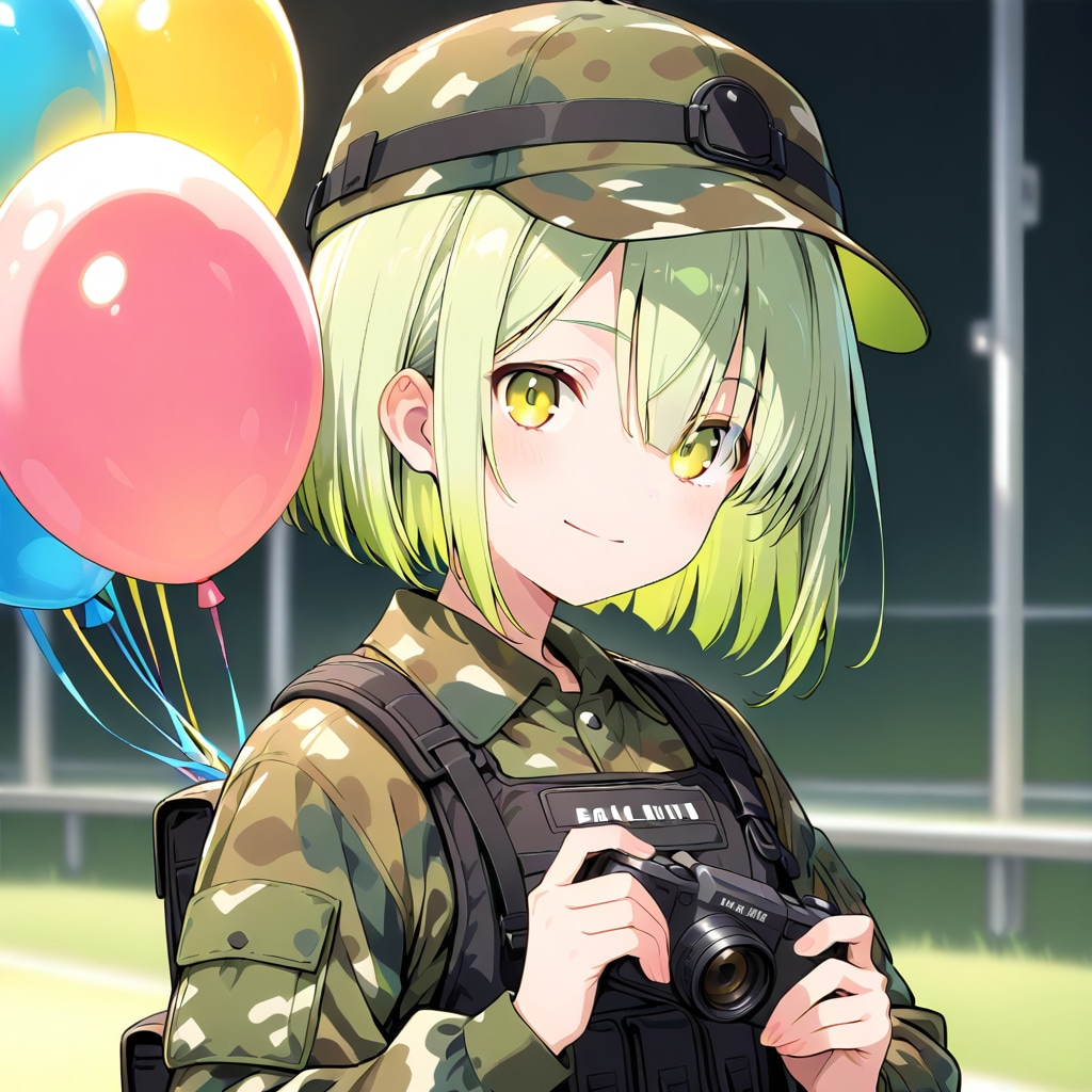 いっぱい風船を持つ緑髪ショートカットの迷彩服着た美女。