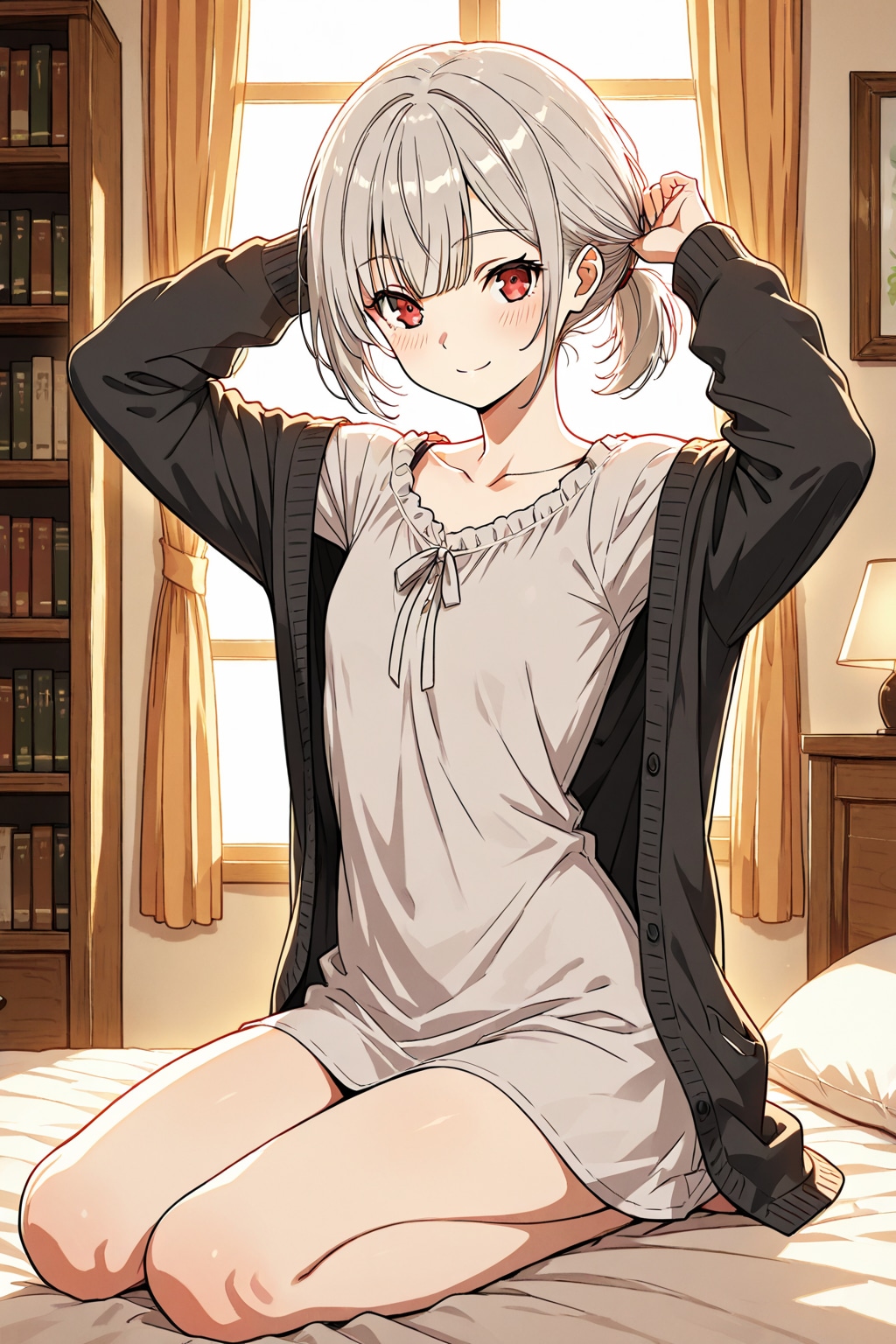 手で髪を束ねる夕