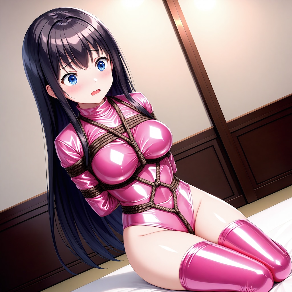 光沢ピンクレオタード＋サイハイソックス緊縛