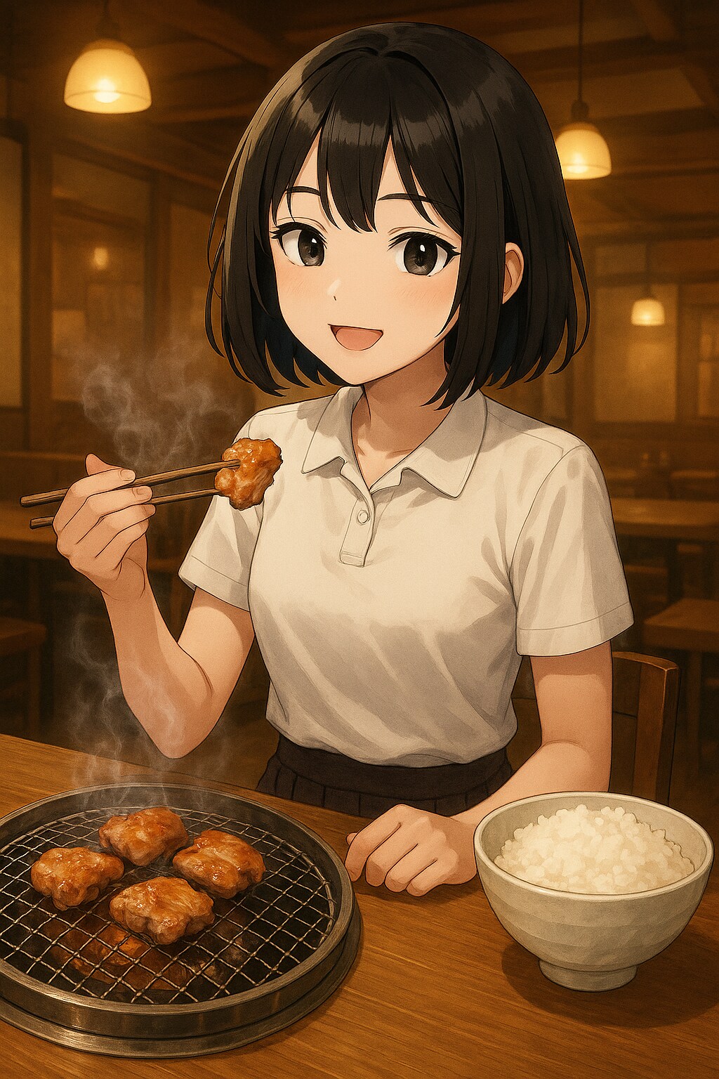 鶏焼き肉を食べている女の子