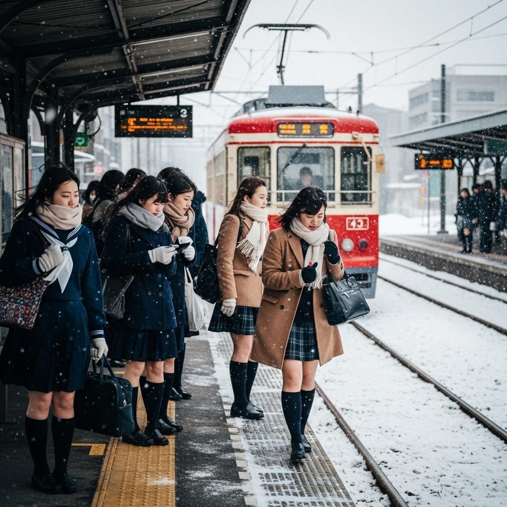 大雪の女子校前電停
