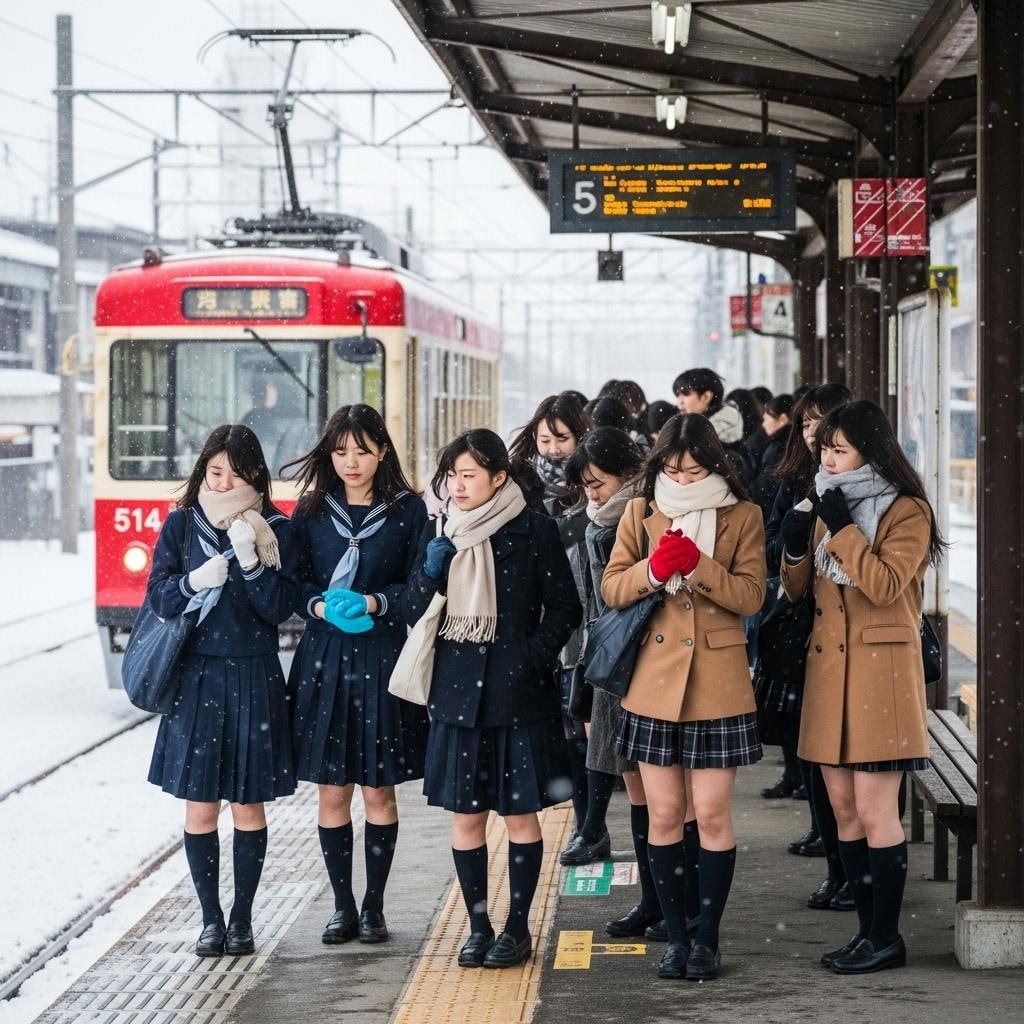 大雪の女子校前電停