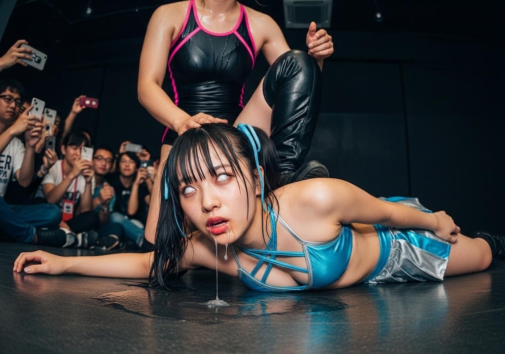 失神した先輩レスラーMIKURUの顔を踏みつける後輩の練習生