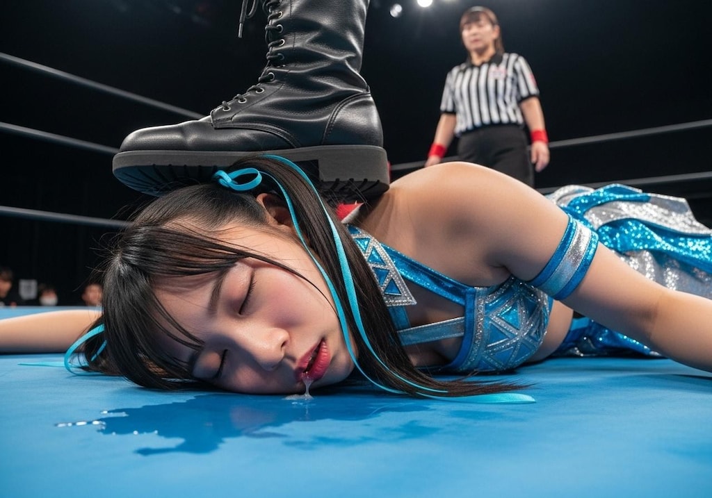 失神した先輩レスラーMIKURUの顔を踏みつける後輩の練習生