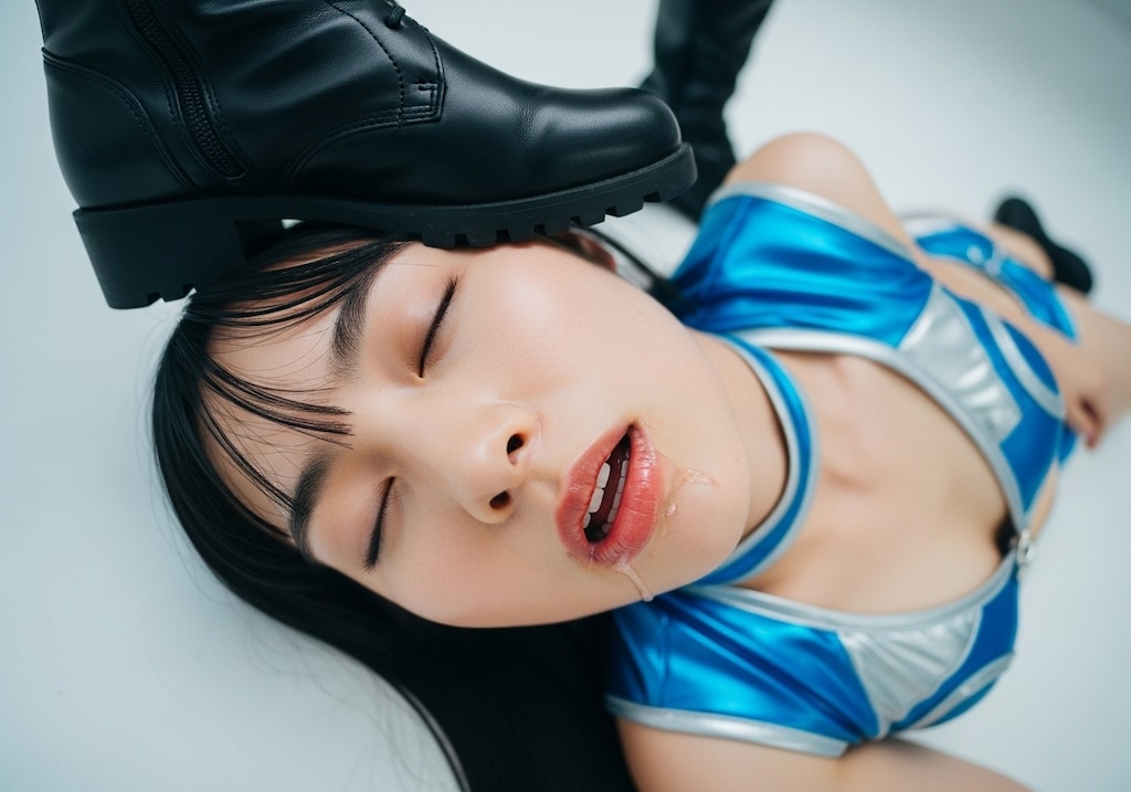 失神した先輩レスラーMIKURUの顔を踏みつける後輩の練習生