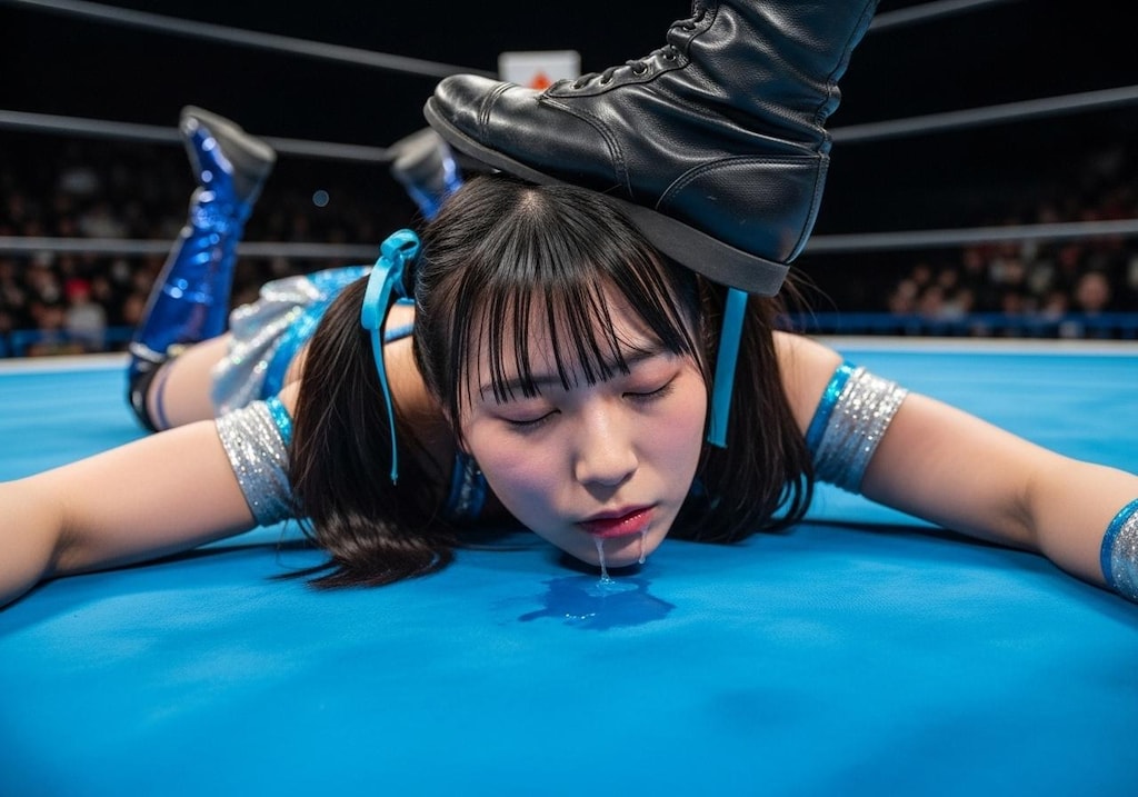 失神した先輩レスラーMIKURUの顔を踏みつける後輩の練習生