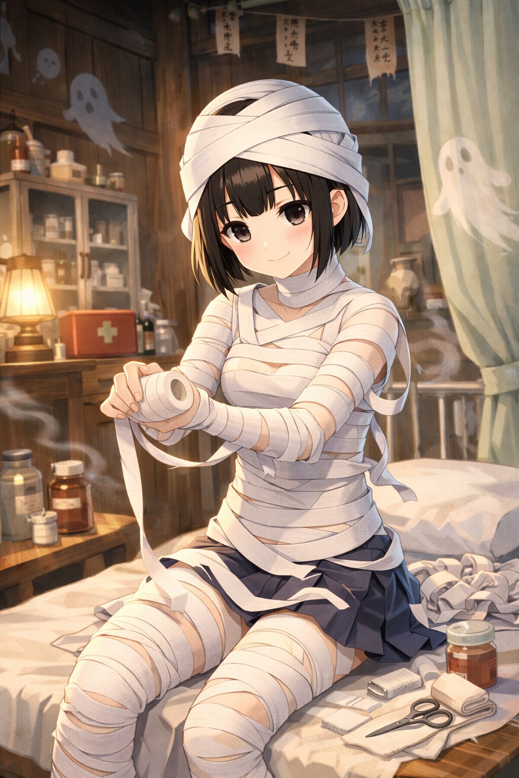 保健室で包帯を交換しているマミーの女の子