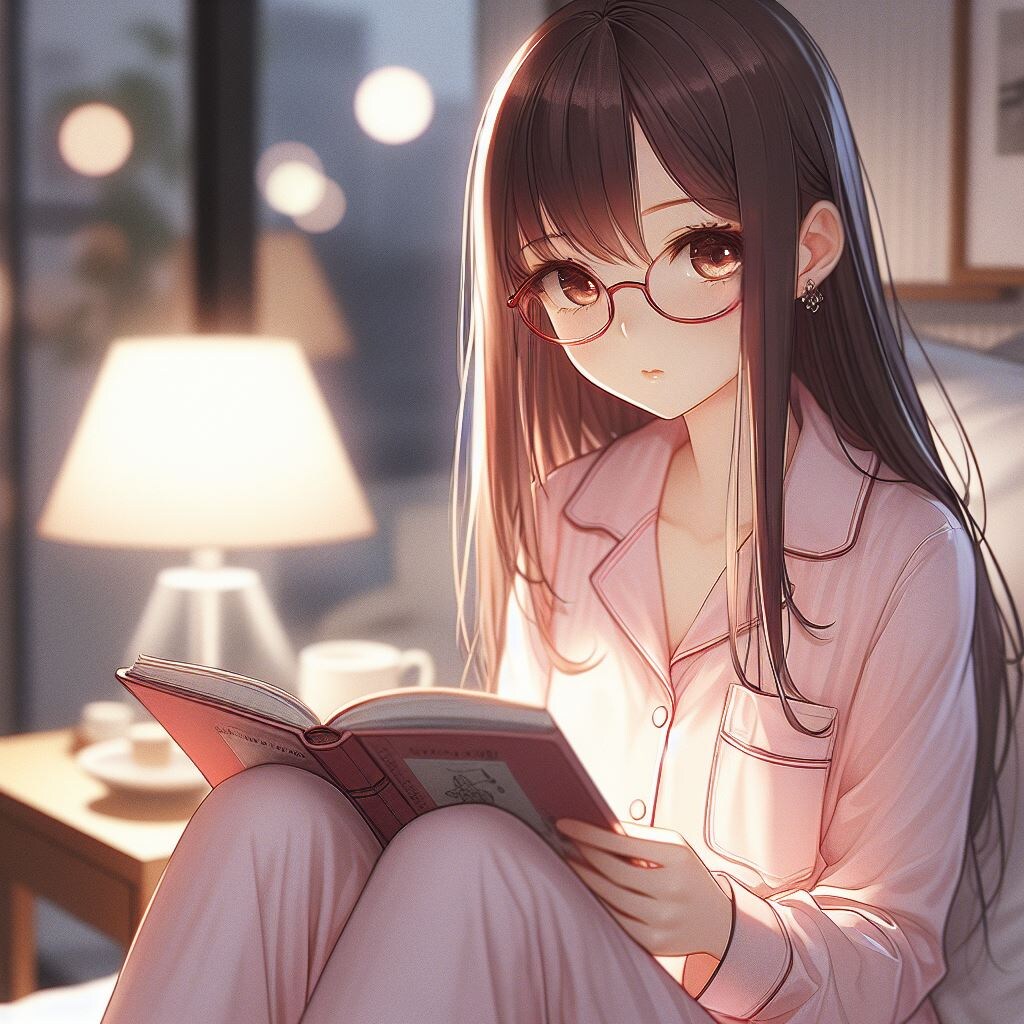 寝室で読書をするメガネをかけた少女