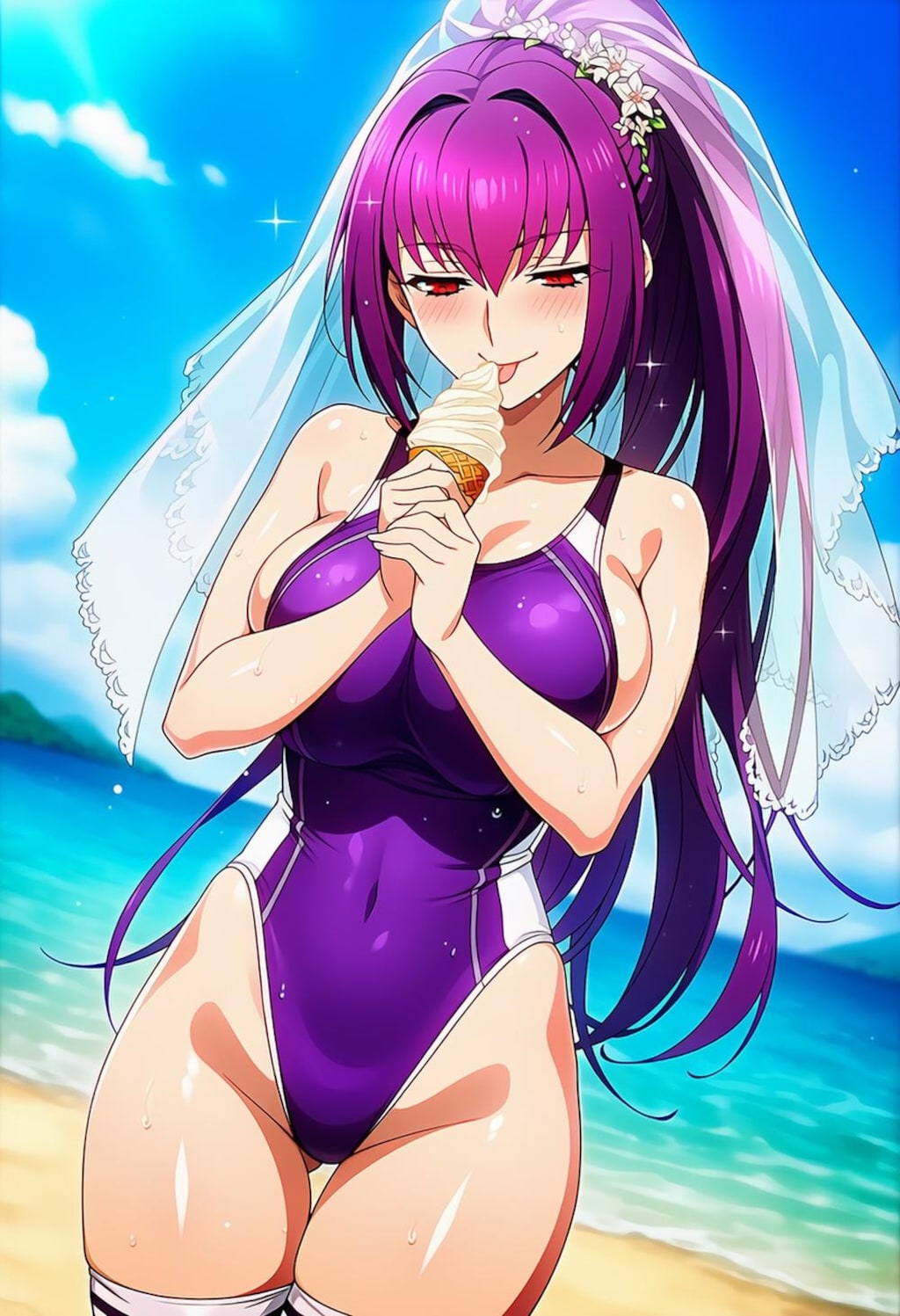 ソフトクリーム食べる水着等コスプレ女神系人妻