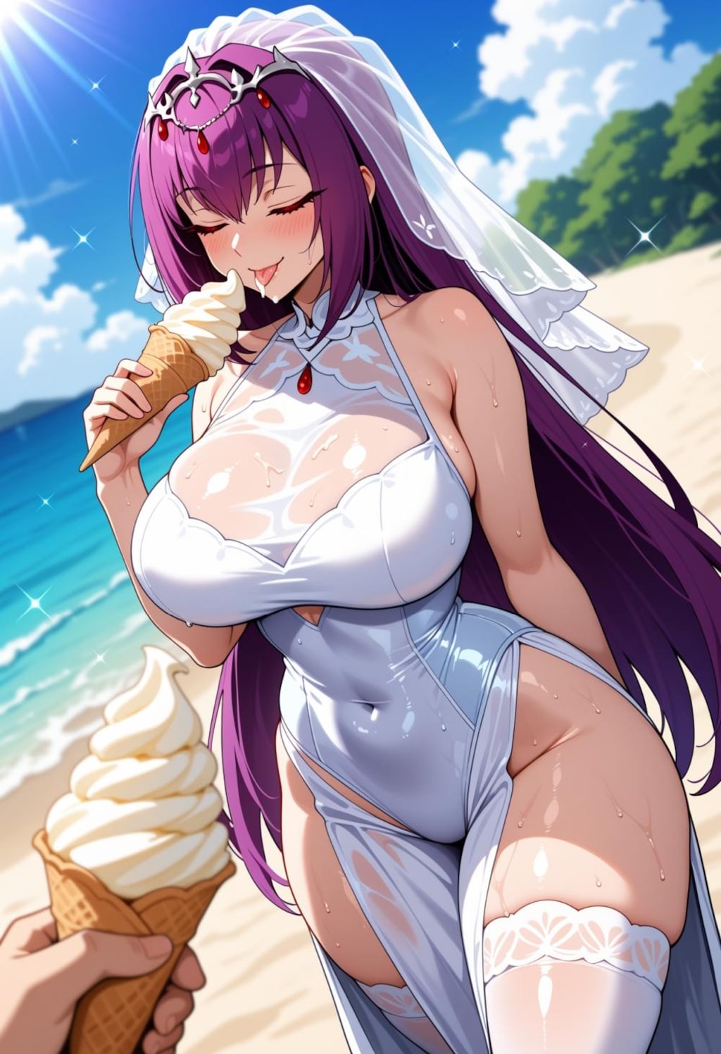 ソフトクリーム食べる水着等コスプレ女神系人妻