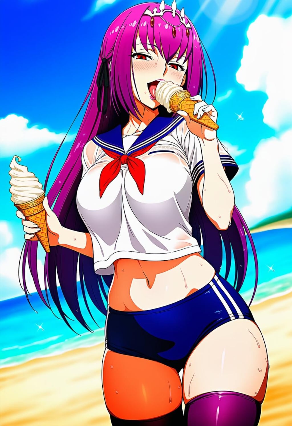 ソフトクリーム食べる水着等コスプレ女神系人妻