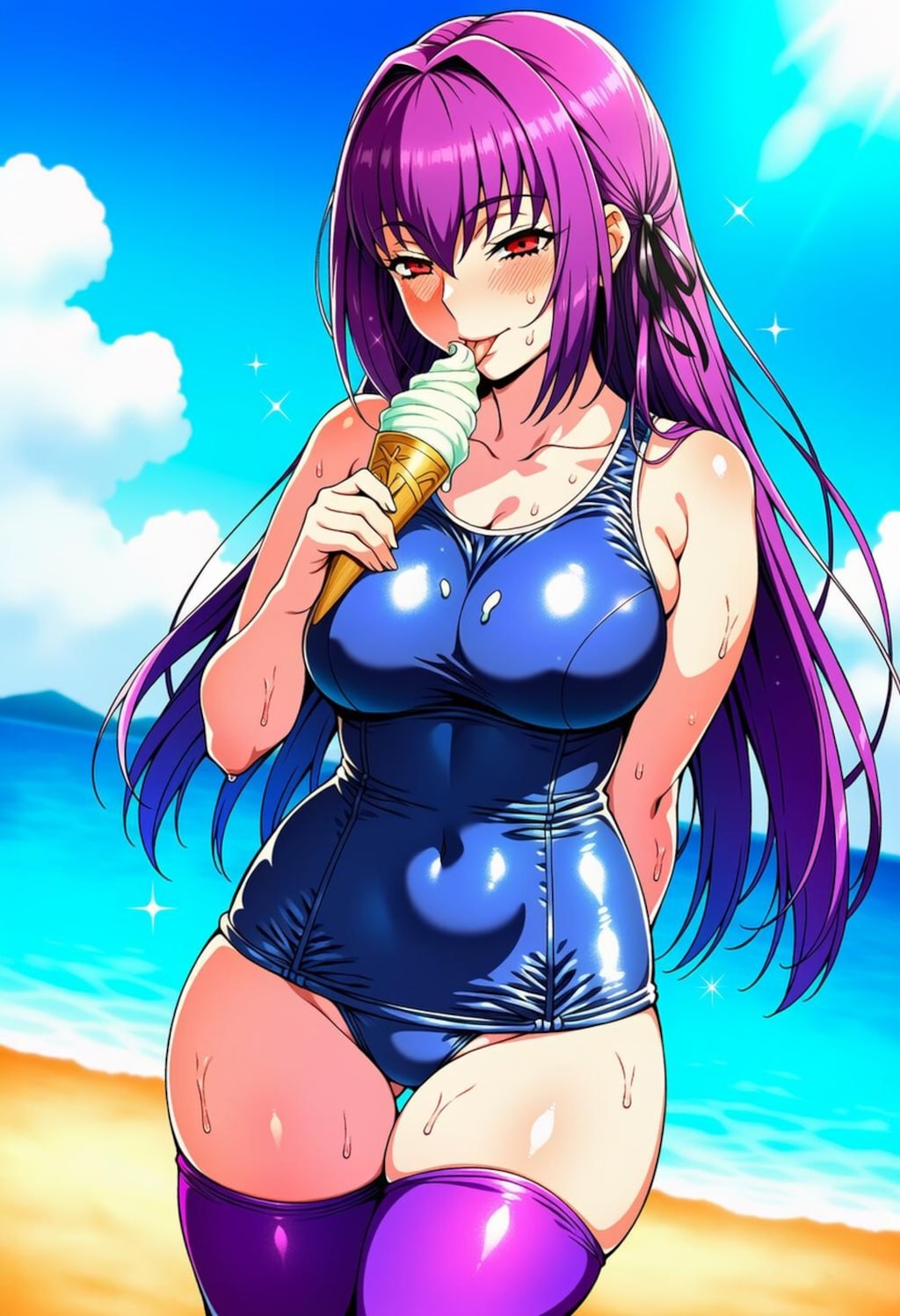 ソフトクリーム食べる水着等コスプレ女神系人妻
