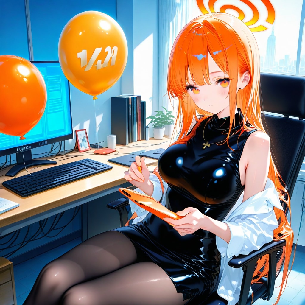 オフィスでオレンジ色の風船を持つオレンジ髪ロングの美女。 | の人気AIイラスト・グラビア