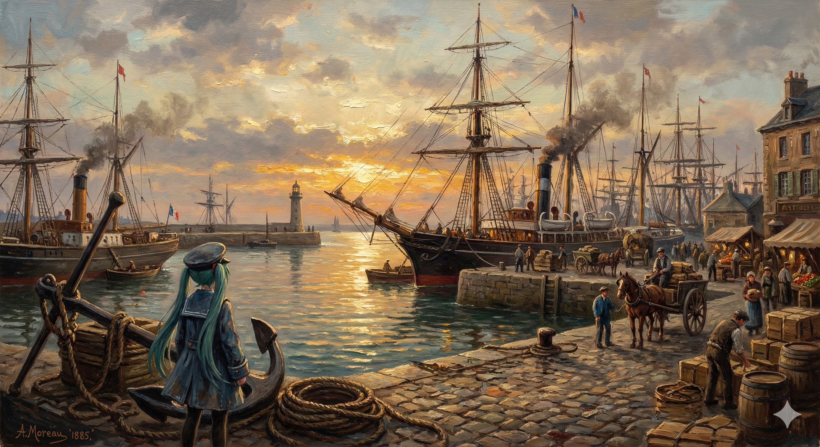 黄金色の港 朝日の光と蒸気の記憶 | の人気AIイラスト・グラビア