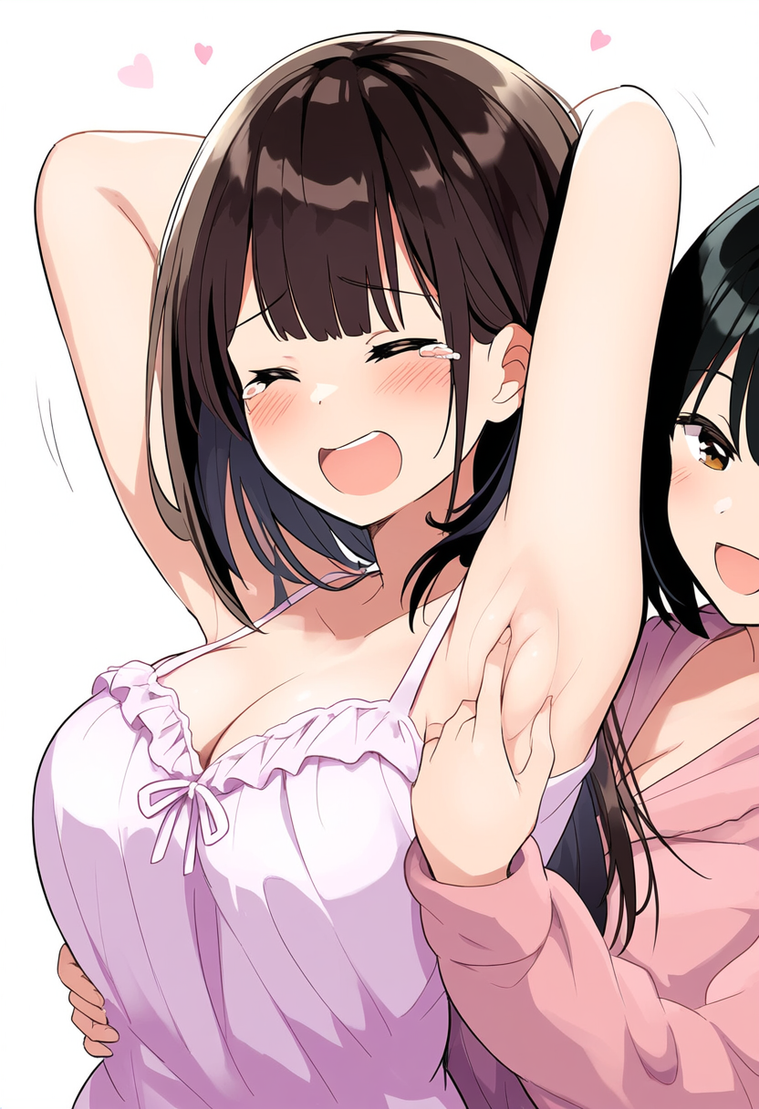 「ねえ！こうやって腋つまんだりするのもどう？くすぐったい？」「くすぐったいからやめて～」