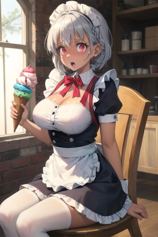 隠れてアイス食べてるのがばれた褐色メイドさん
