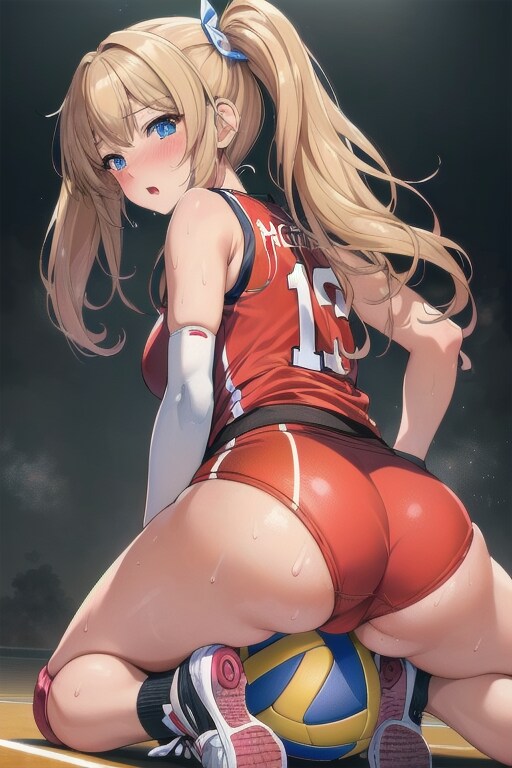 ボールに跨がるギャルバレー部員