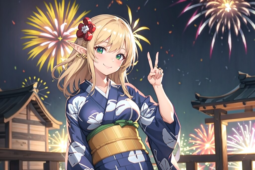 花火とエルフの若奥様の浴衣姿