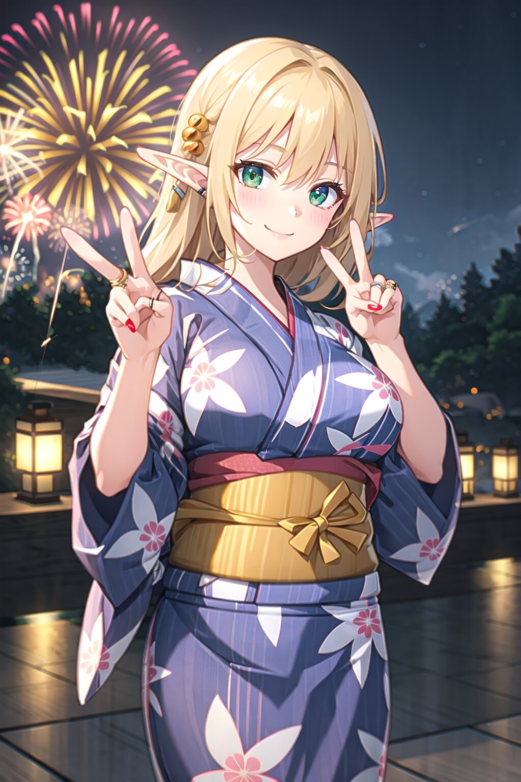 花火とエルフの若奥様の浴衣姿