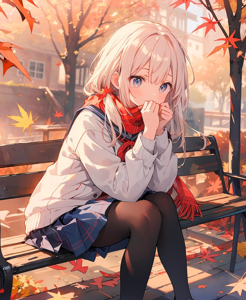 落ち葉と制服少女