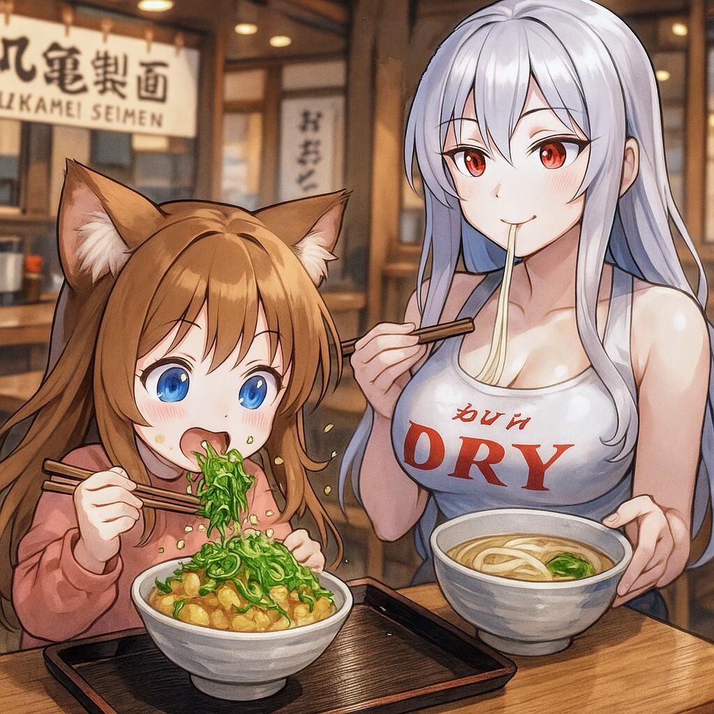 丸亀製麺で天かす丼を食べる小さな女の子