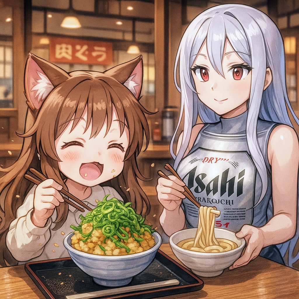 丸亀製麺で天かす丼を食べる小さな女の子