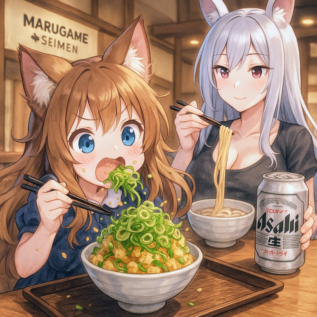 丸亀製麺で天かす丼を食べる小さな女の子
