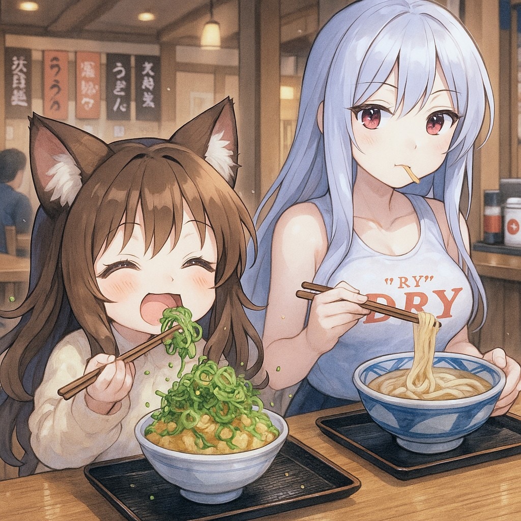 丸亀製麺で天かす丼を食べる小さな女の子