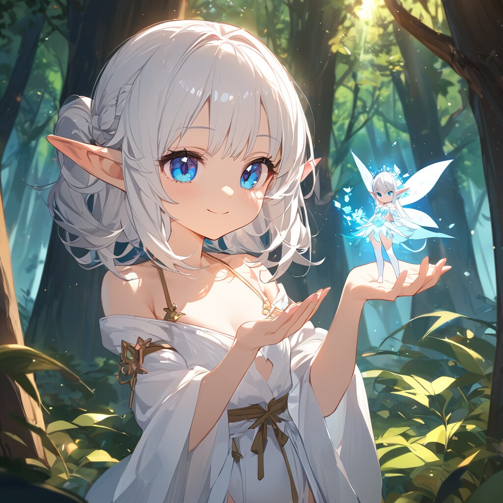 妖精とお話するハイエルフちゃん。