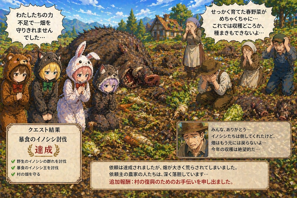 【All0428c】大量の野生の豚とボス豚を倒すことが出来た、しかし様々な春野菜畑が荒らされてしまった、農家の人達がとても悲しんでいる。（モデル: ChatGPT）