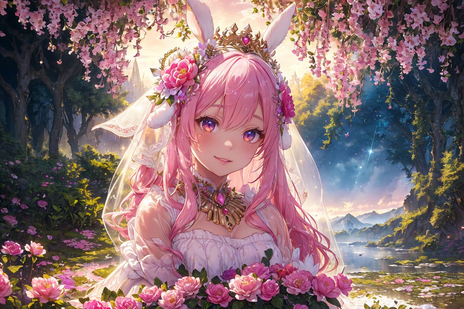 森と花と桃色ウサ耳お姫様
