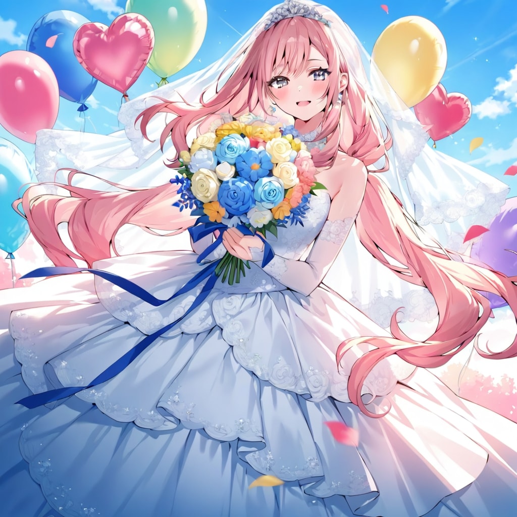 いっぱい色とりどりの風船を持つ青いウェディングドレス着た美女 | の人気AIイラスト・グラビア