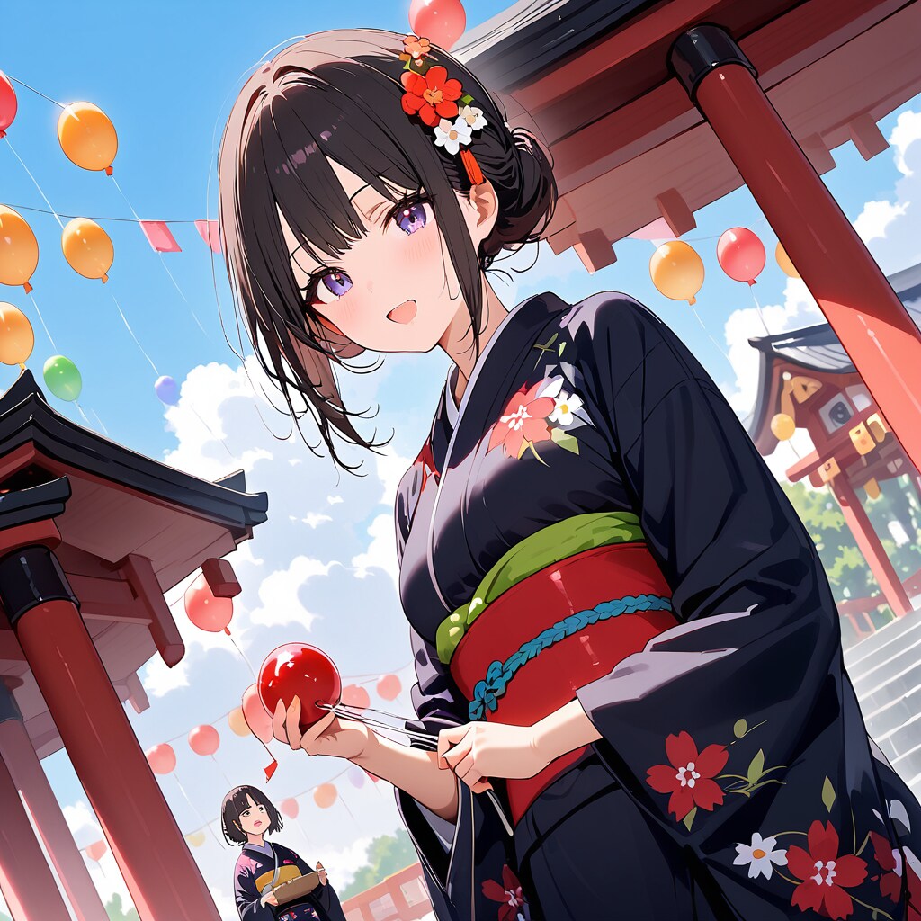 神社でいっぱい風船を持つ黒髪ショートカットの着物美女。