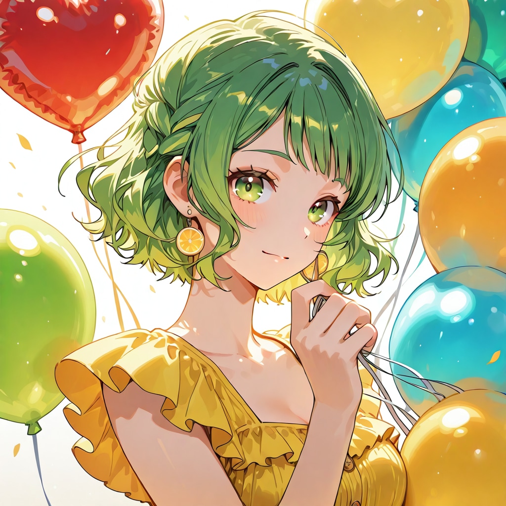 いっぱい色とりどりの風船を持つ緑色ショートカットウェーブヘアの黄色のワンピース着た美女