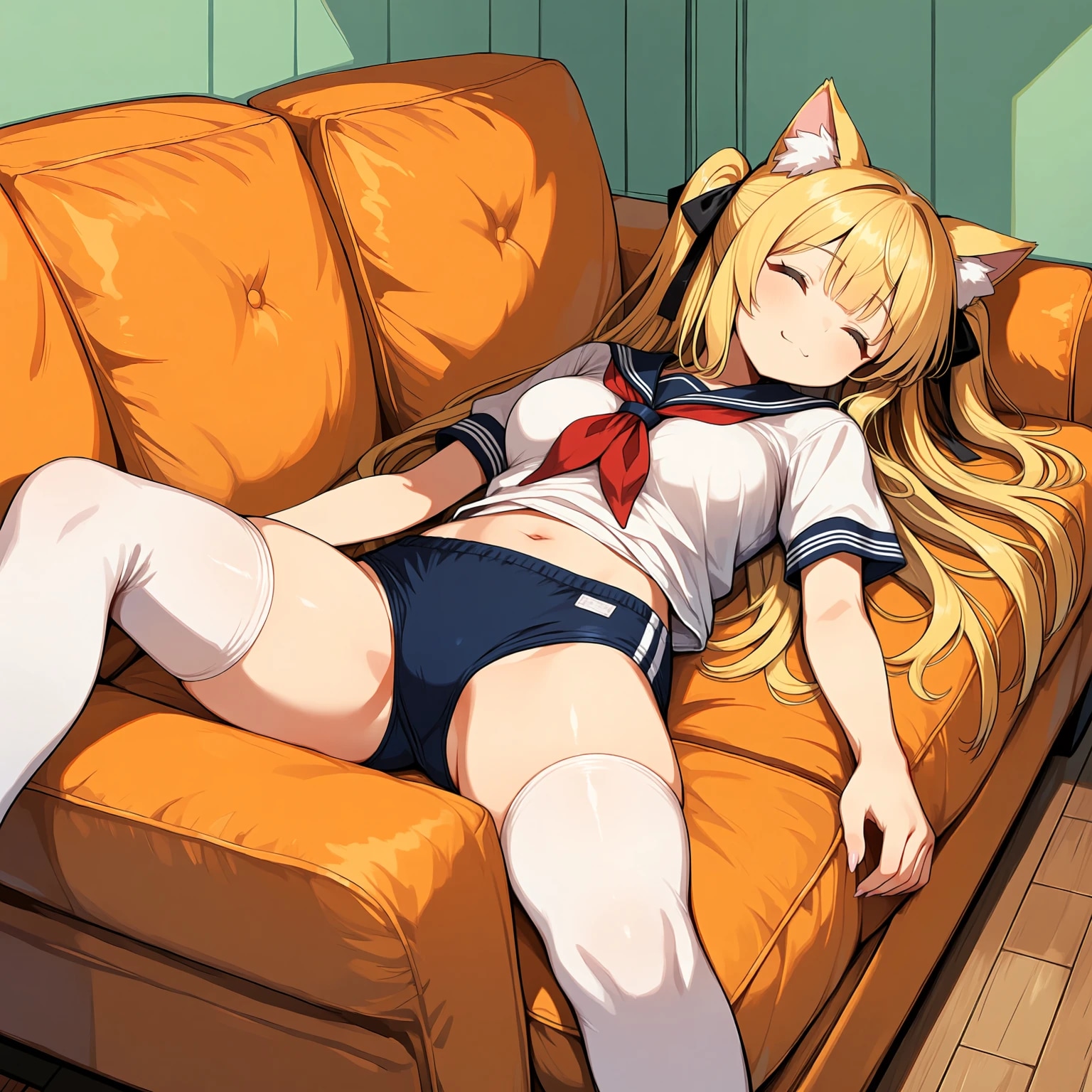 居間で寝てる猫耳の女の子