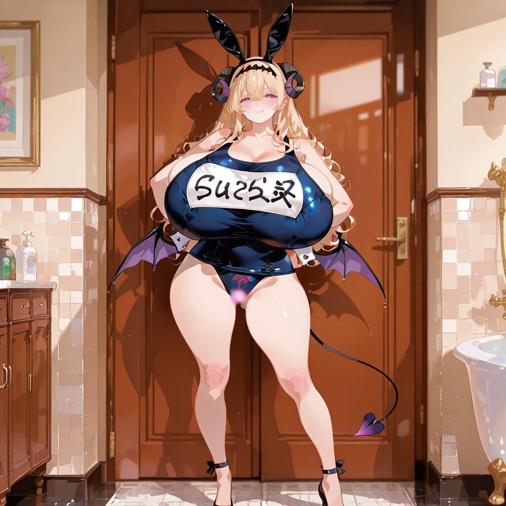 ある日、女友達のサキュバスにお風呂に誘われたが、スク水バニーガール姿で待っていた件