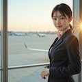 夕暮れの空港の客室乗務員 3枚目