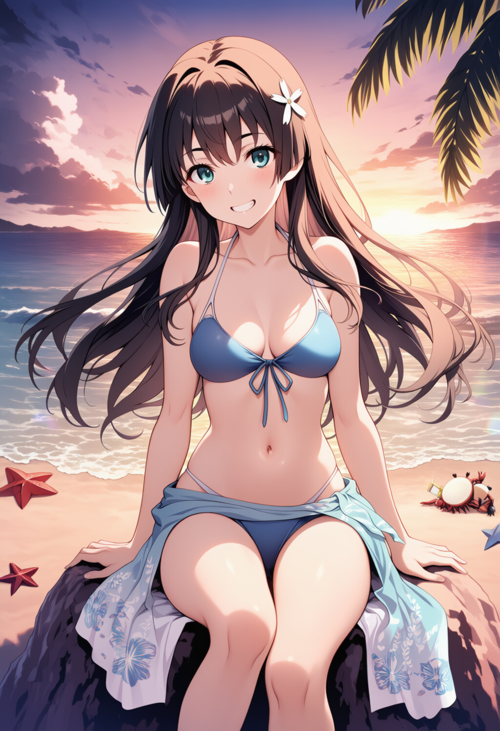 佐天涙子ちゃんは、夕暮れの海水浴場。青いビキニの水着が似合う！