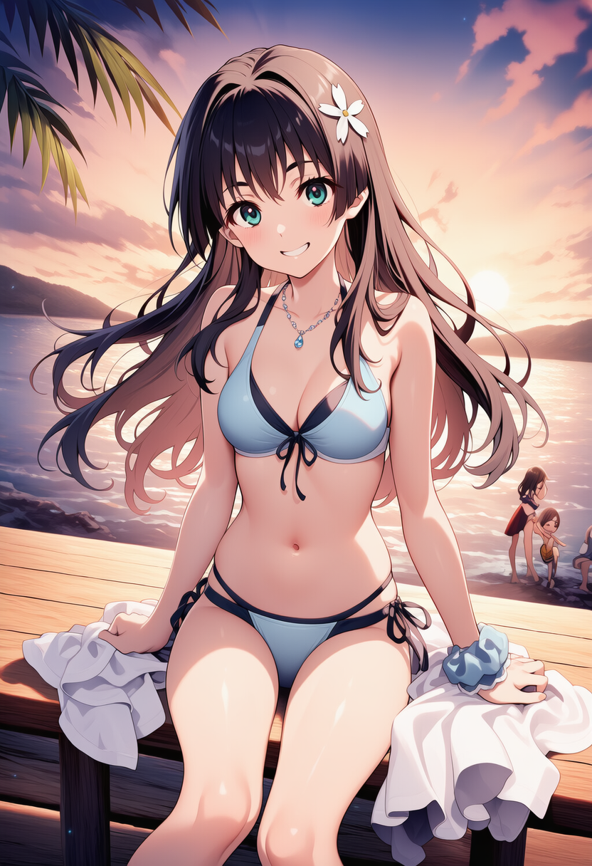 佐天涙子ちゃんは、夕暮れの海水浴場。青いビキニの水着が似合う！