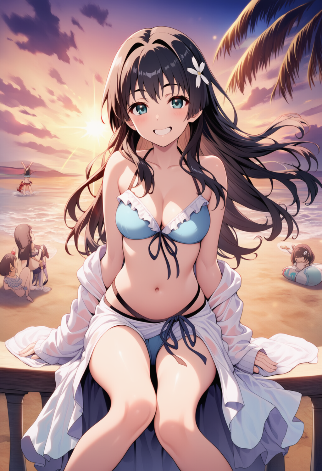 佐天涙子ちゃんは、夕暮れの海水浴場。青いビキニの水着が似合う！