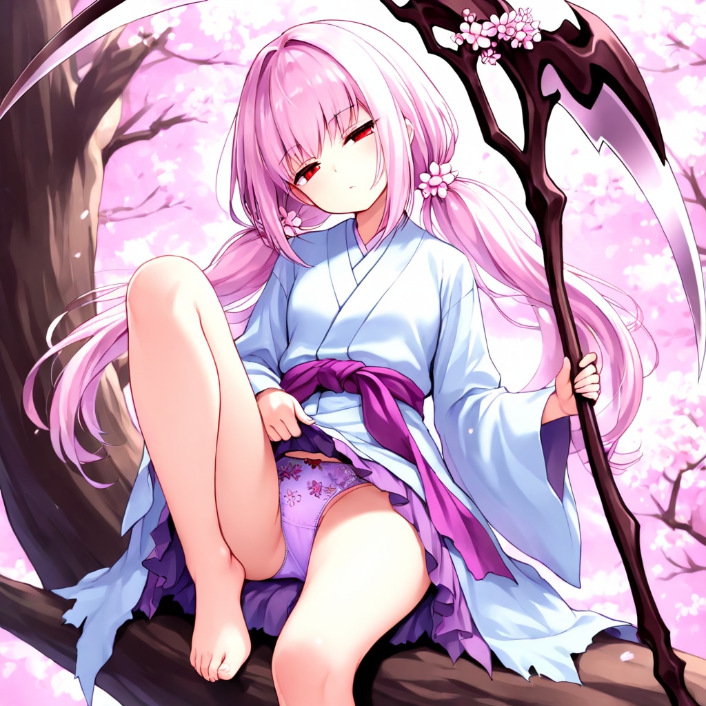 浮幽さくらが桜の木に座ってパンチラ