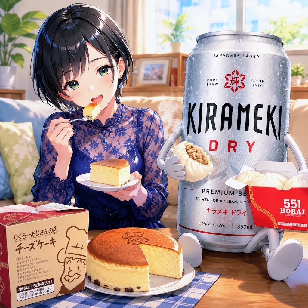りくろーおじさんのチーズケーキを食べる藍音ちゃん