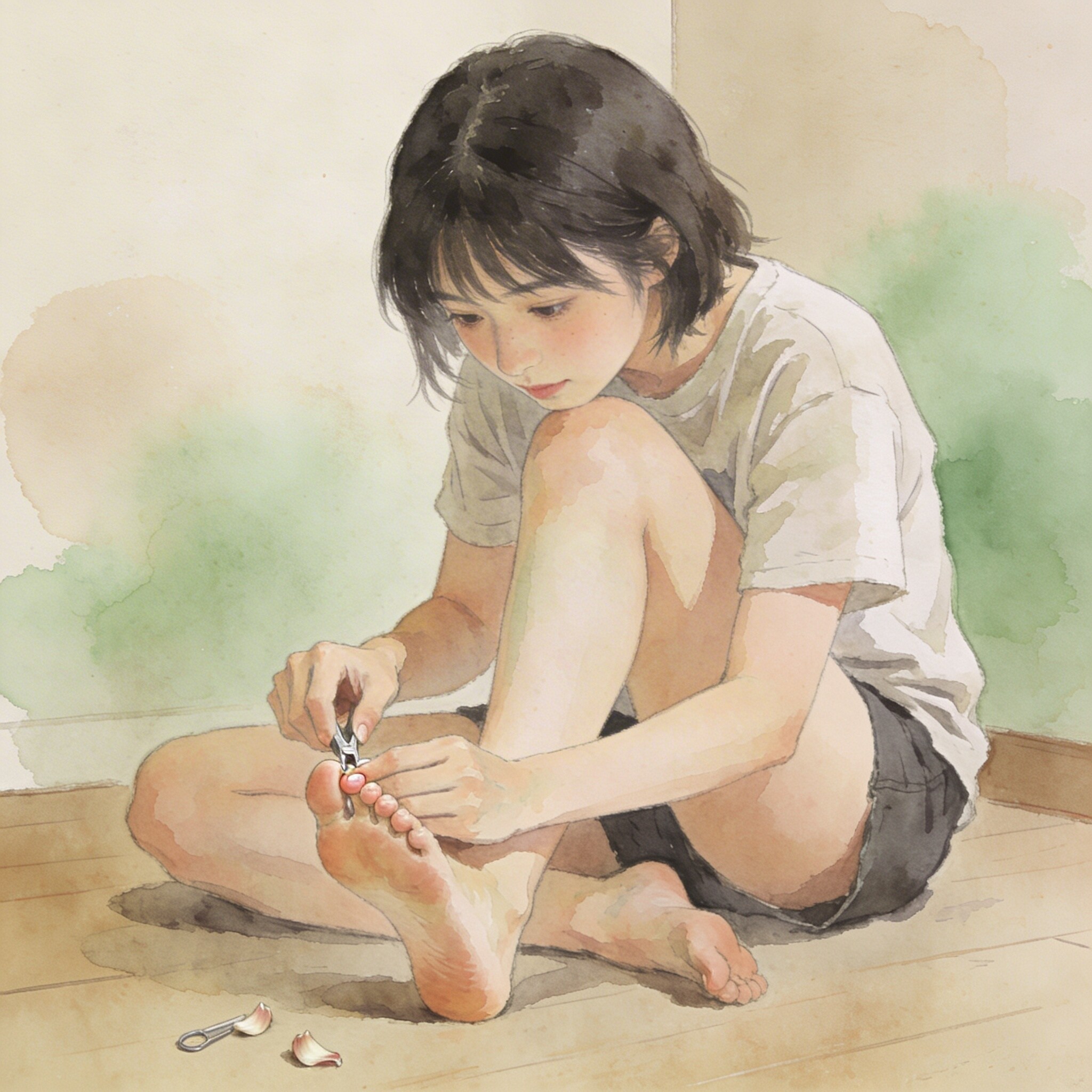 足の爪を切る少女