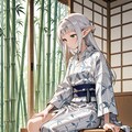 日本家屋と竹林、浴衣姿の銀髪エルフの女の子 2枚目
