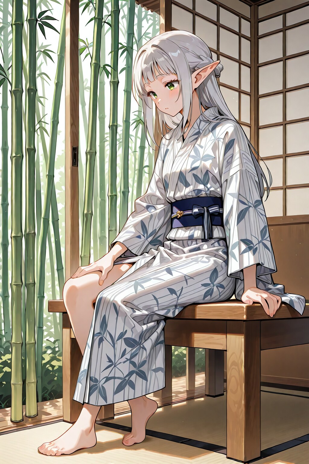 日本家屋と竹林、浴衣姿の銀髪エルフの女の子