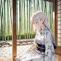 日本家屋と竹林、浴衣姿の銀髪エルフの女の子 3枚目