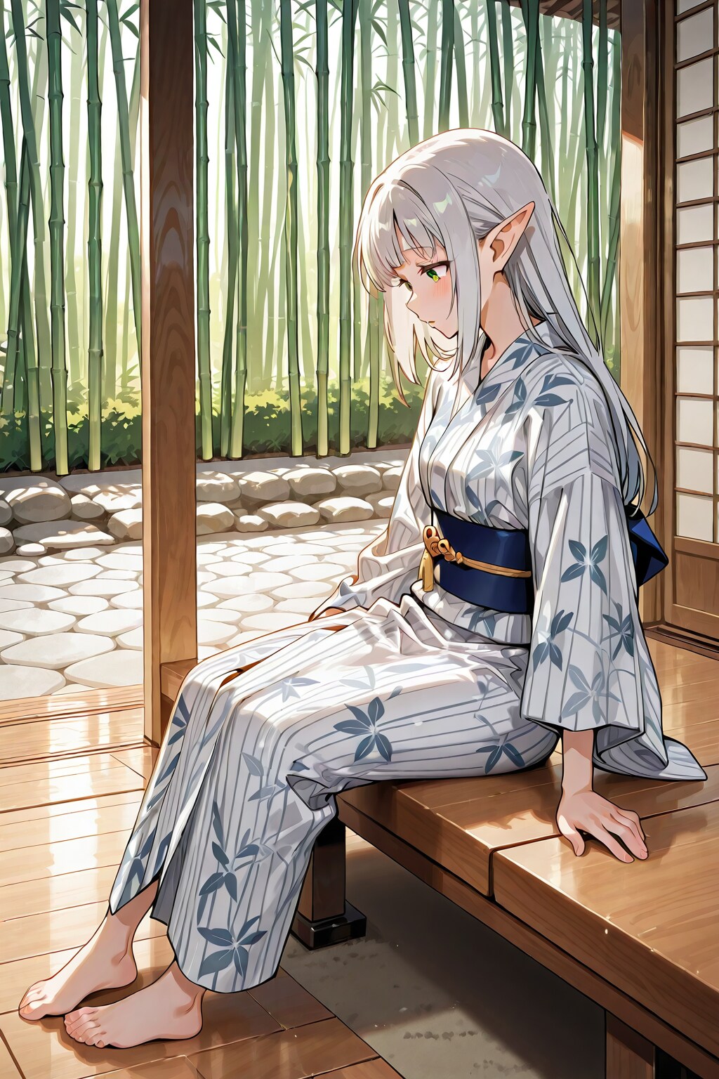 日本家屋と竹林、浴衣姿の銀髪エルフの女の子