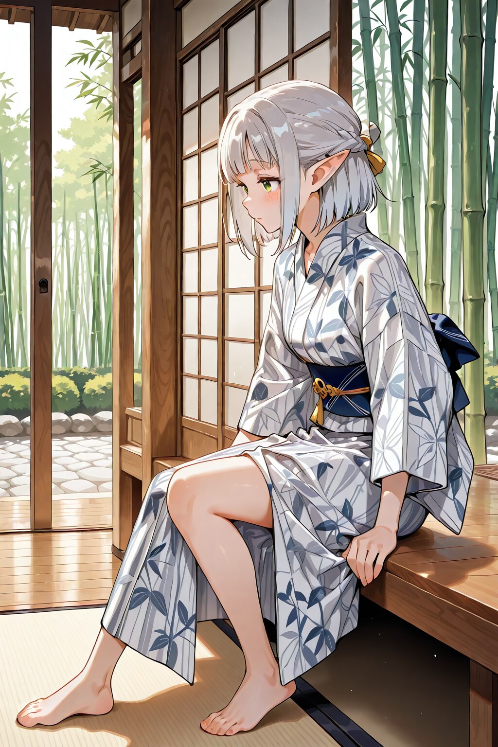 日本家屋と竹林、浴衣姿の銀髪エルフの女の子